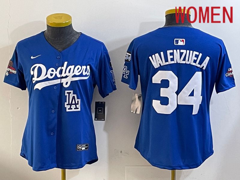 Women Los Angeles Dodgers #34 Valenzuela Blue Game 2024 Nike MLB Jersey style 1205->women mlb jersey->Women Jersey